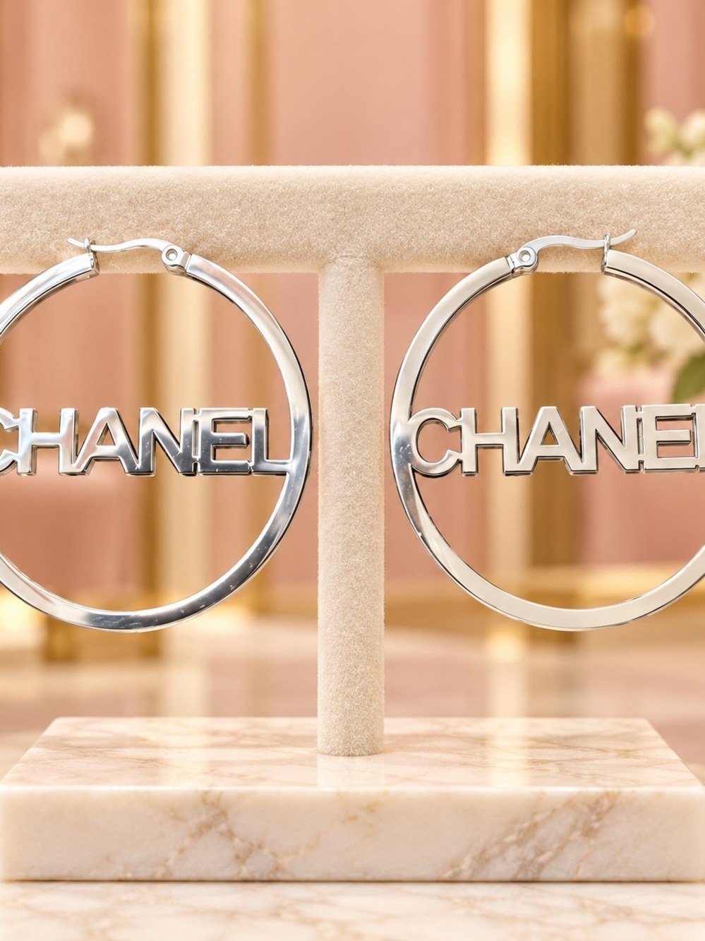 Silver Logo Hoop Earrings - Polished Designer Hoops